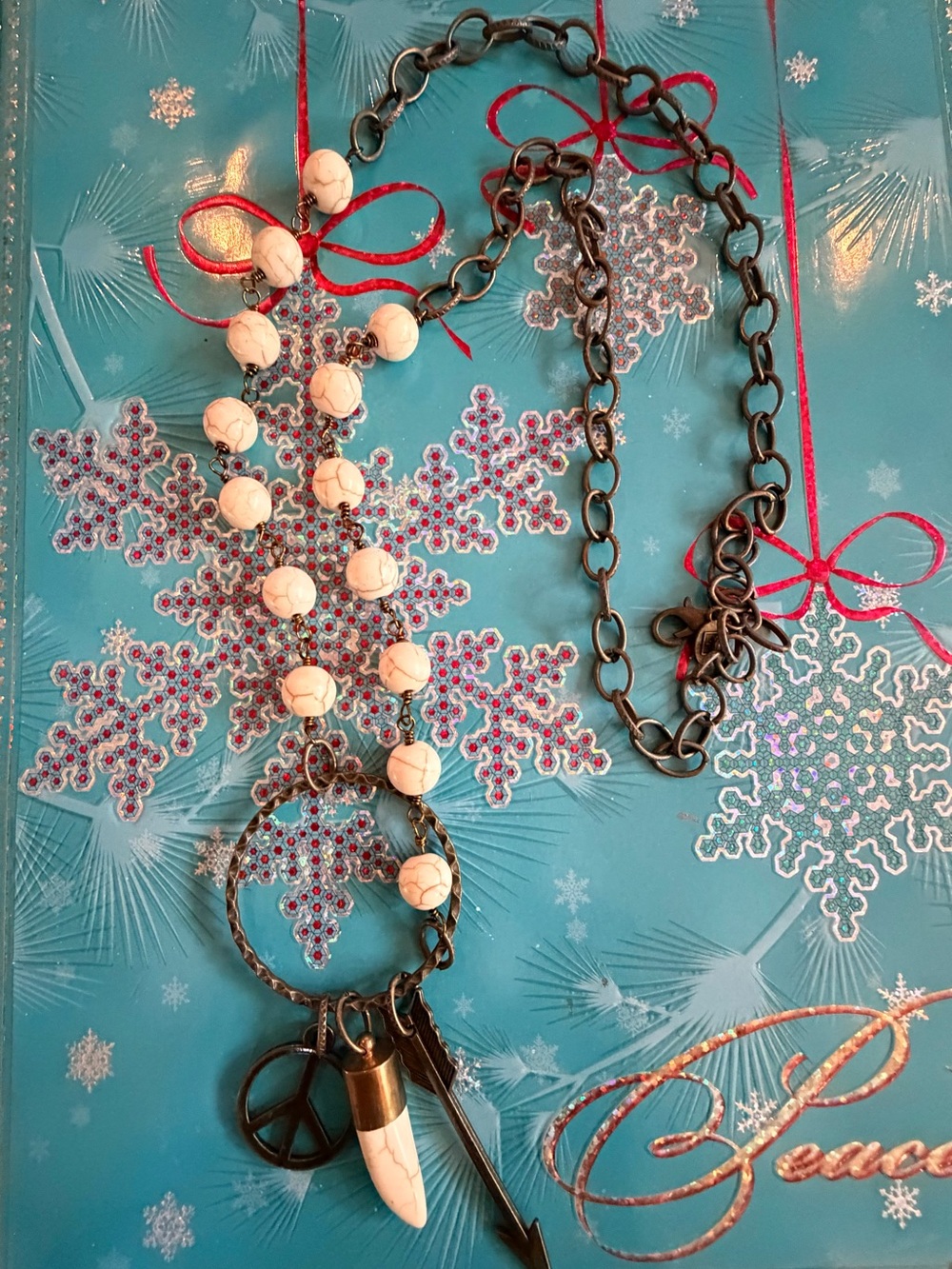 Cream Beaded Pendant Necklace with Bronze Chain & Charms